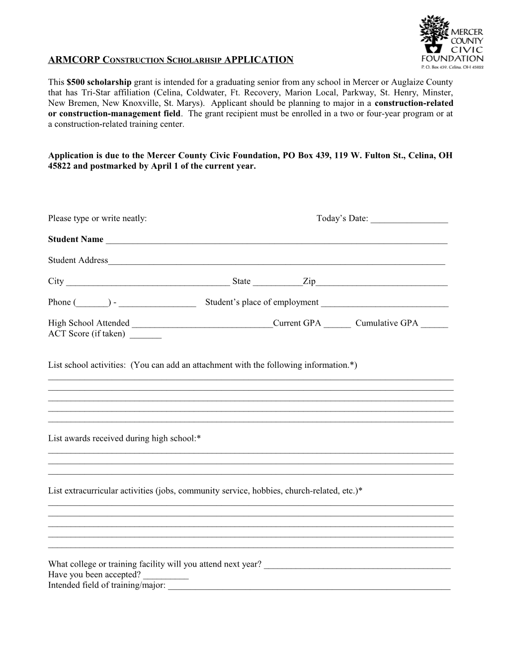 William & Patsy Dawson Scholarship Application