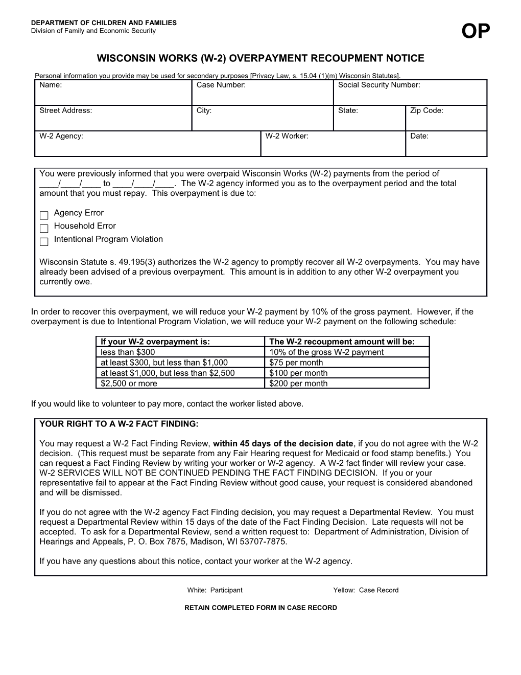 W-2: Overpayment Recoupment Notice