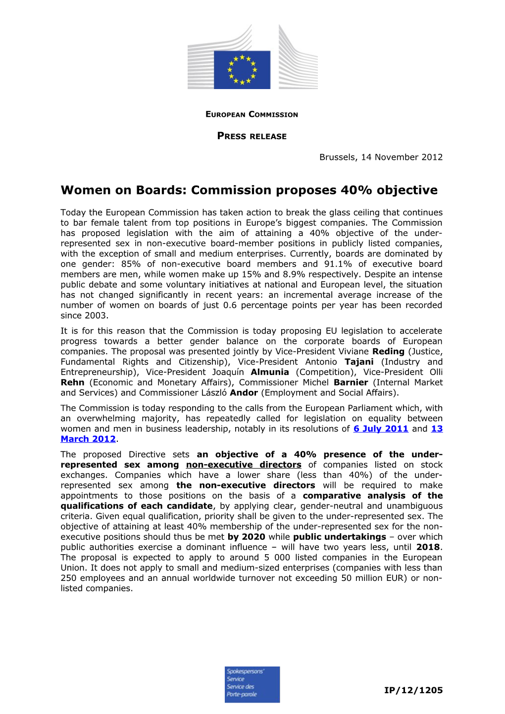 Women on Boards: Commission Proposes 40% Objective