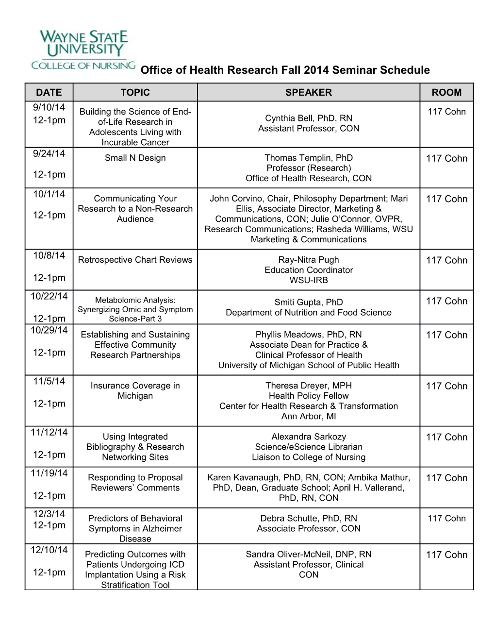 Office of Health Research Fall 2014 Seminar Schedule