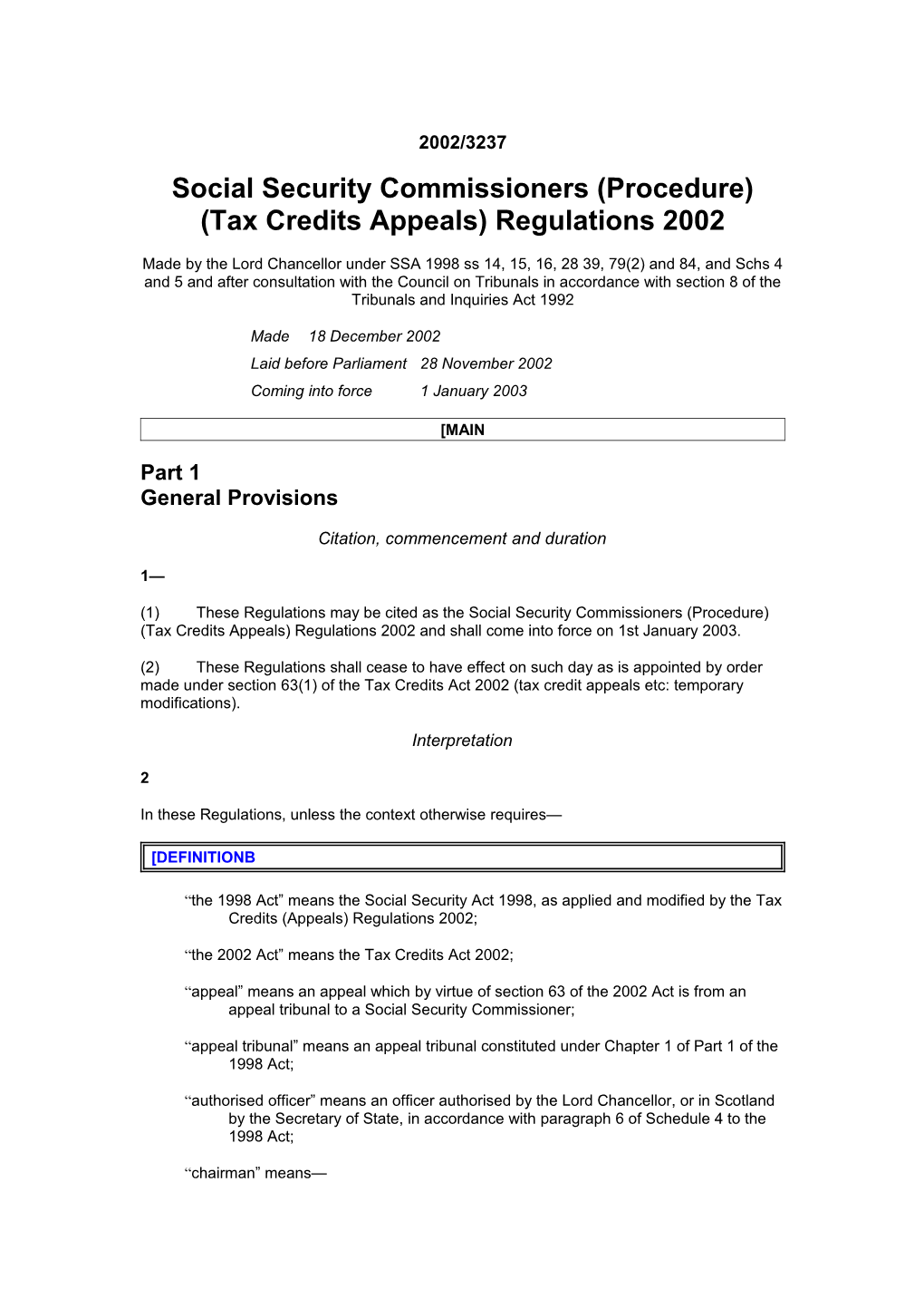 Social Security Commissioners (Procedure) (Tax Credits Appeals) Regulations 2002