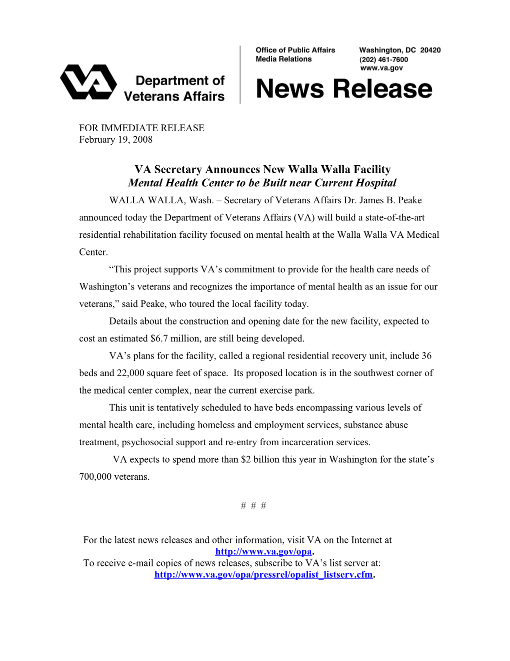 VA Secretary Announces New Walla Walla Facility