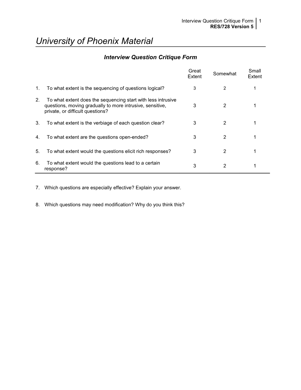 Interview Question Critique Form