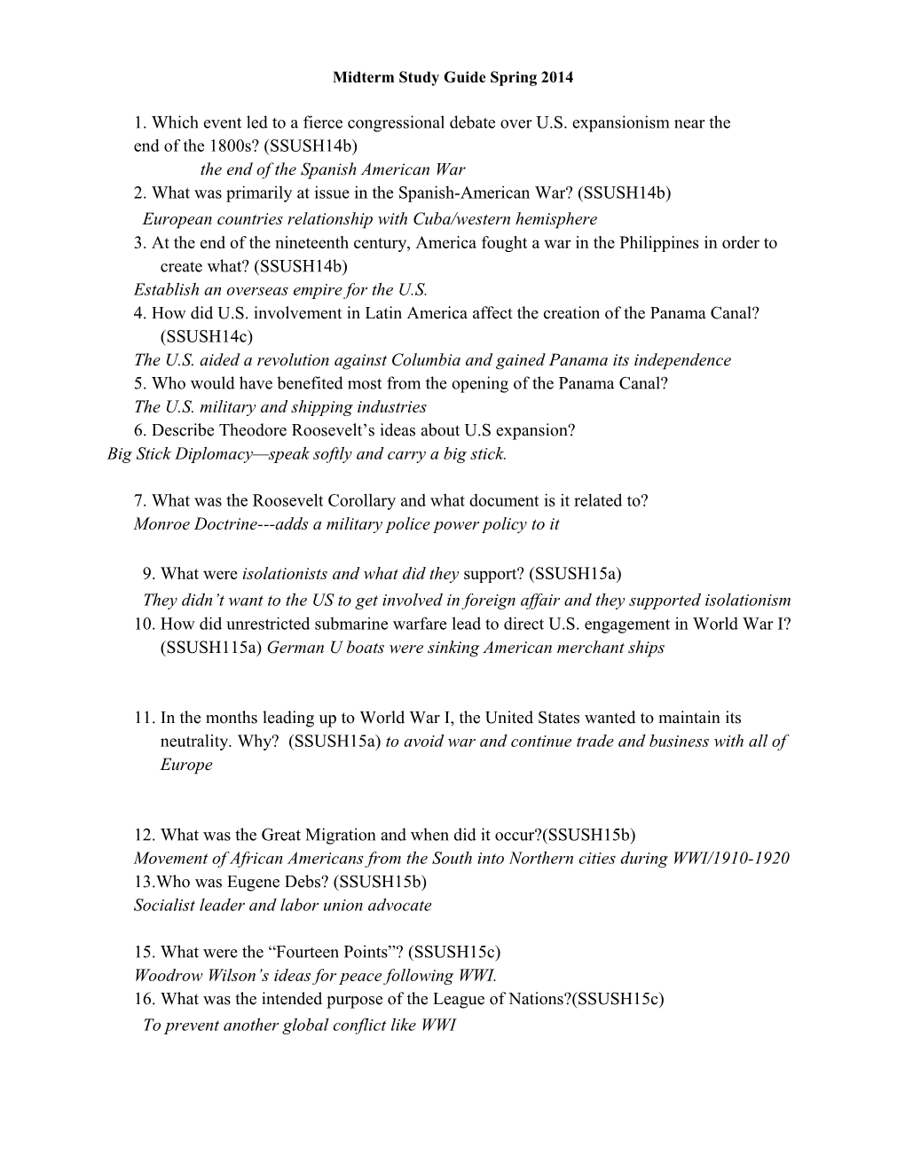 Midterm Spring Study Guide 2014 US Key