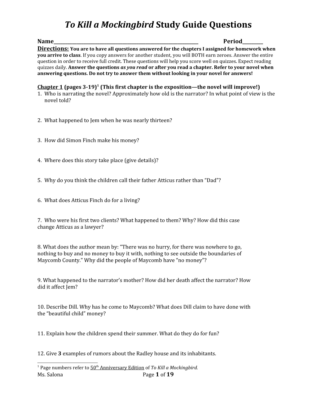 To Kill a Mockingbird Study Guide Questions