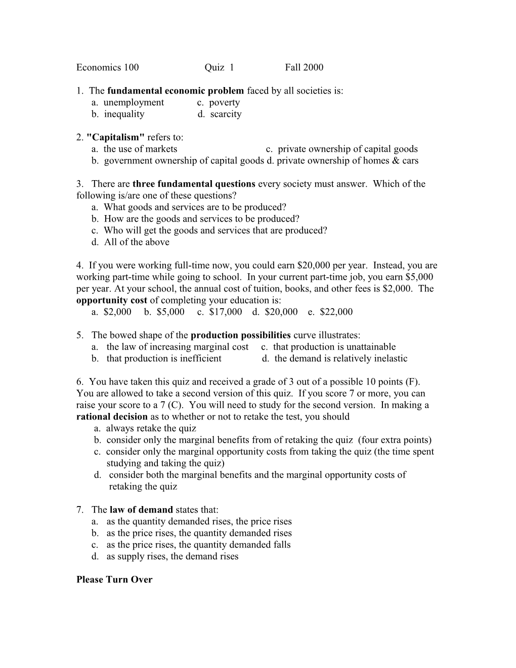 Economics 100 Quiz 1 Fall 2000