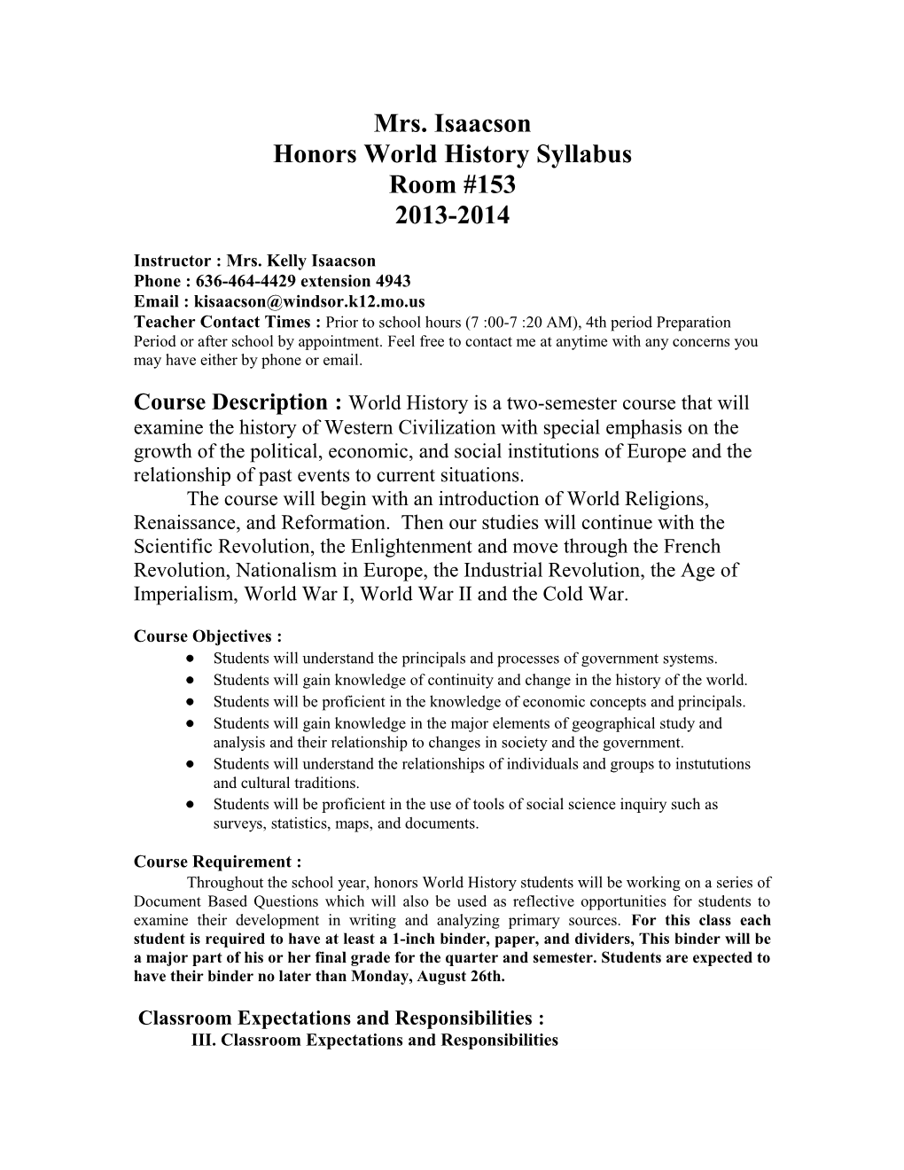 Honors World History Syllabus