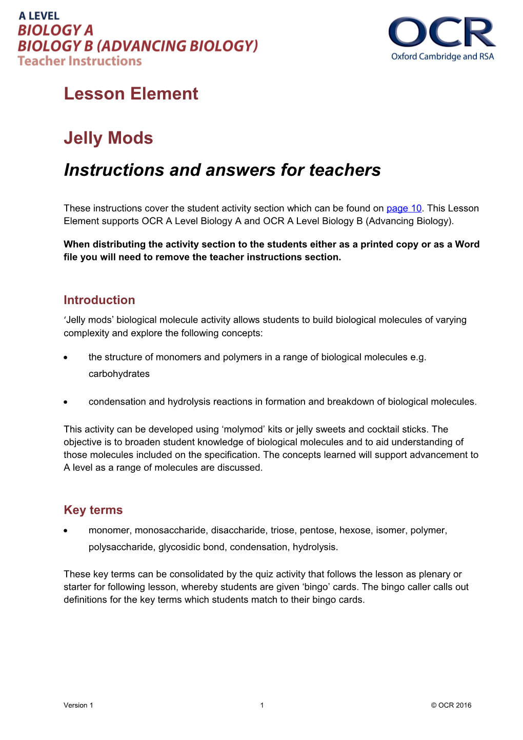 OCR a Level Biology a Biology B (Advancing Biology) Lesson Element - Jelly Mods