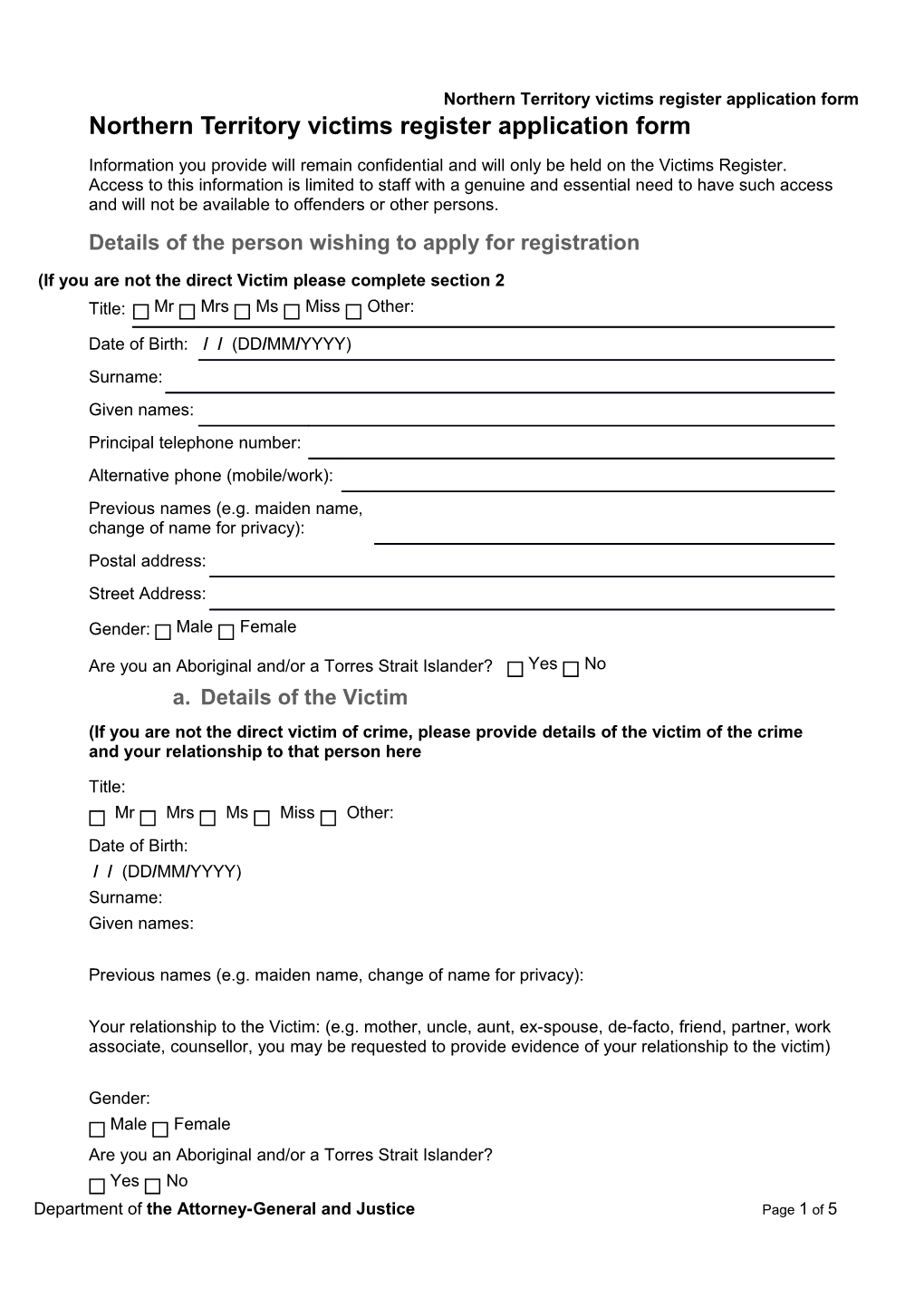 Victims Register Application Form