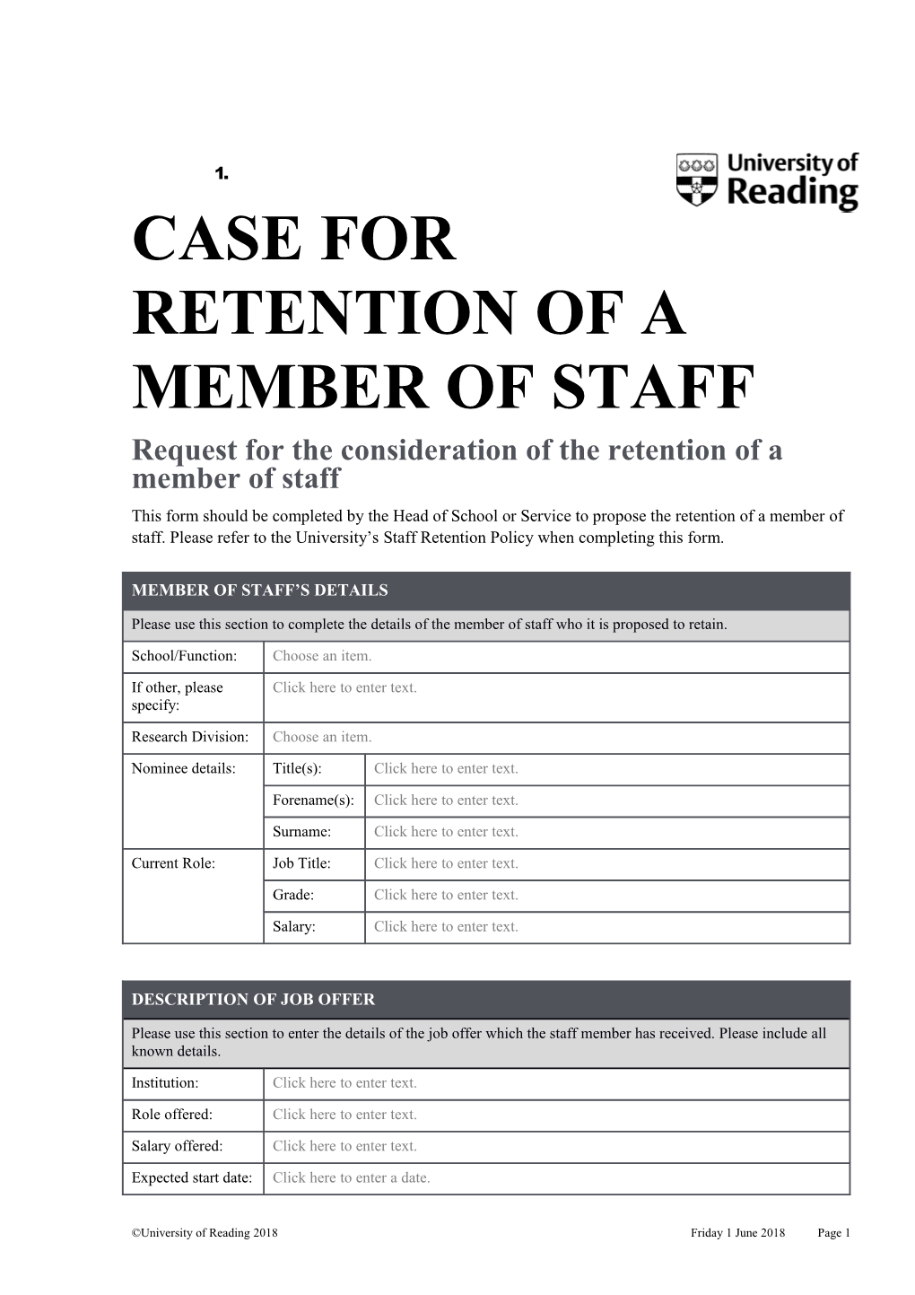 Case for Retention of a Member of Staff