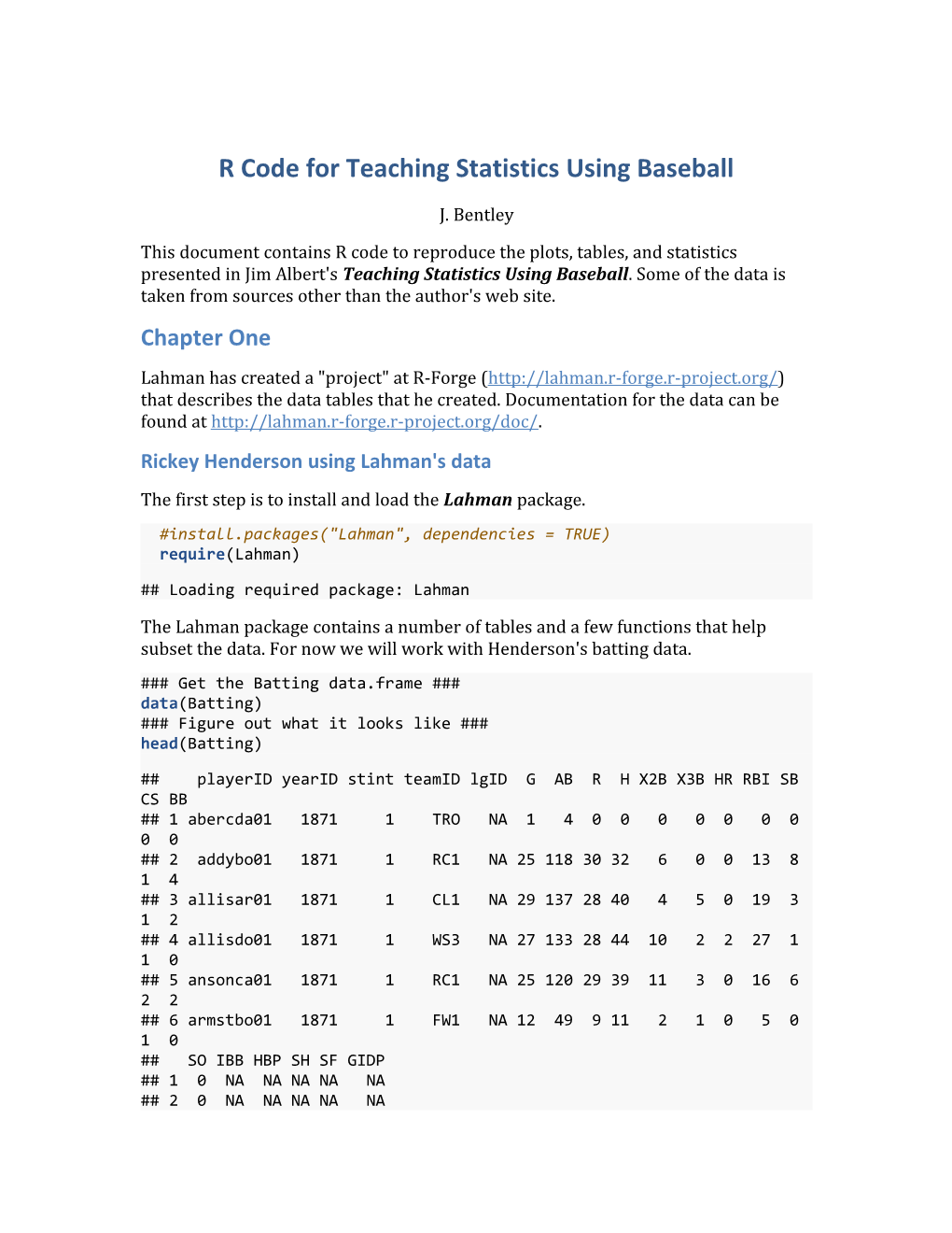 R Code for Teaching Statistics Using Baseball