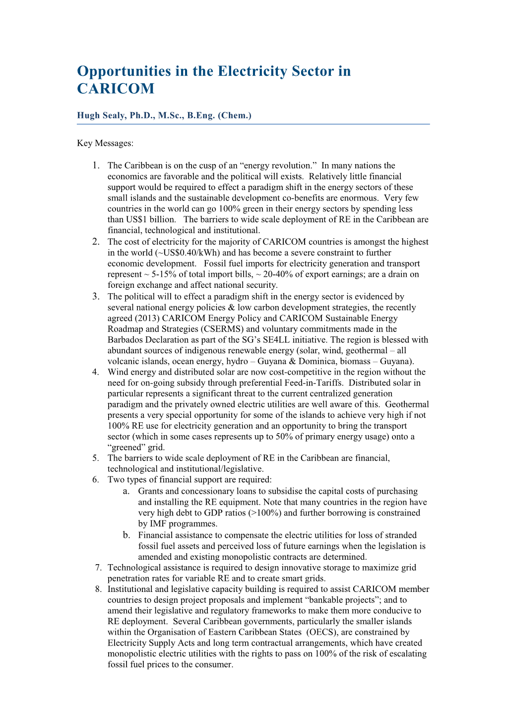 Opportunities in the Electricity Sector in CARICOM