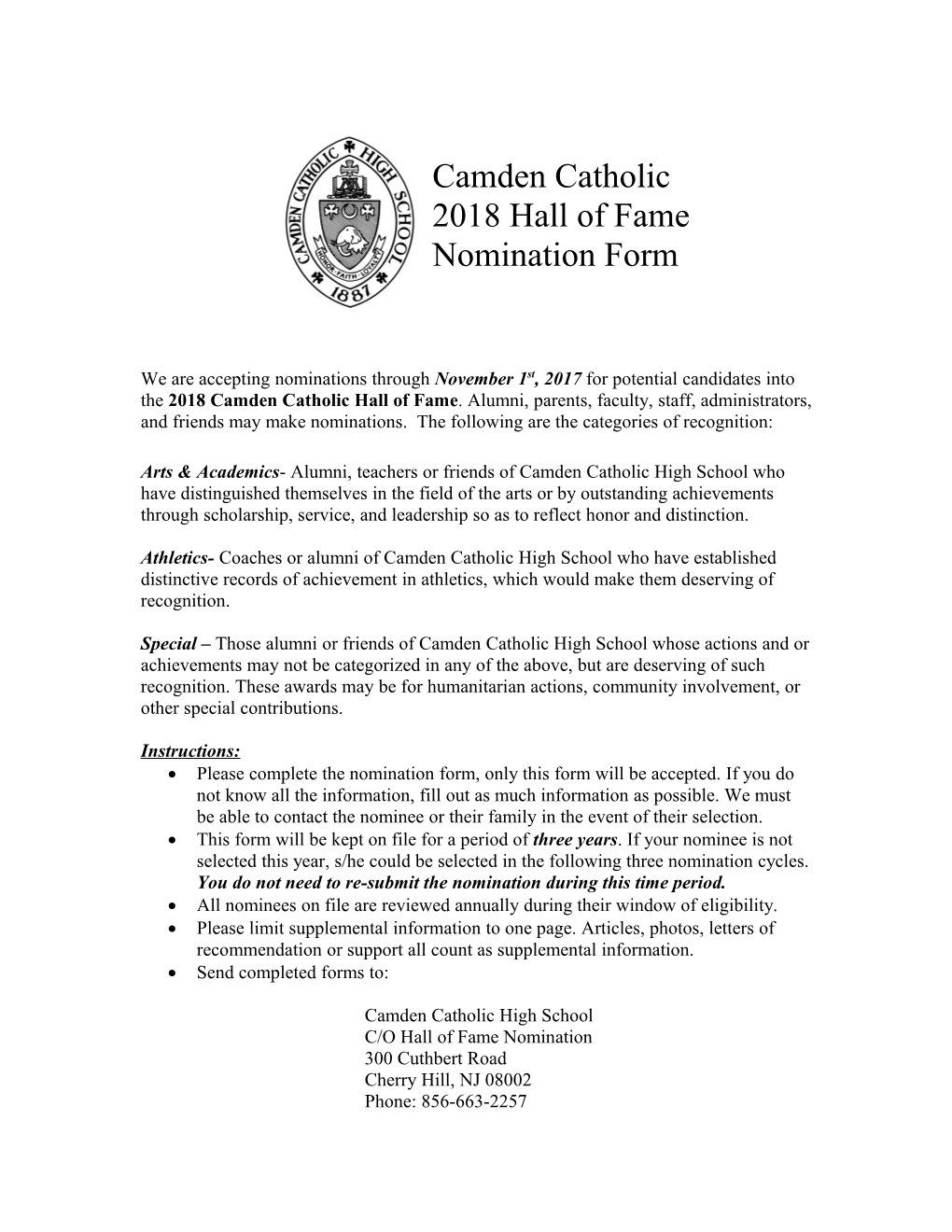 Camden Catholic Hall of Fame Nomination Form