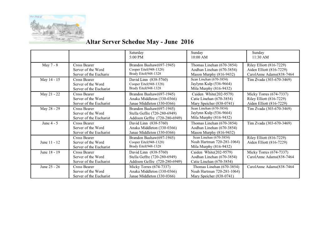 Altar Server Schedue May - June 2016