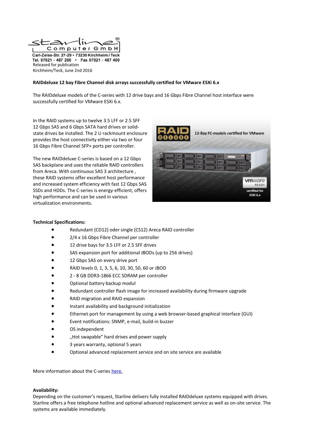 Raiddeluxe 12 Bay Fibre Channel Disk Arrays Successfully Certified for Vmware Esxi 6.X