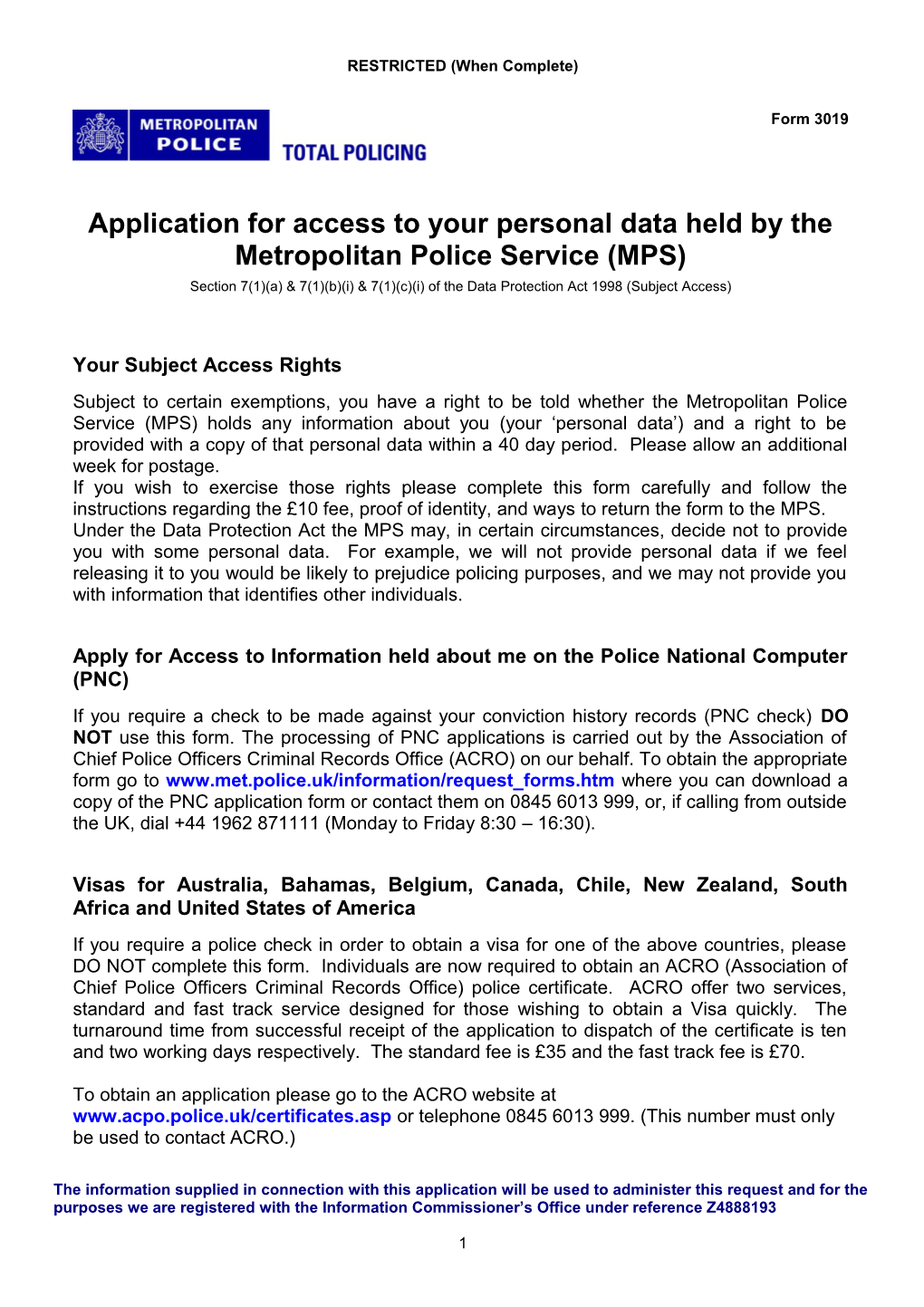 Form 3019 - Application for Access to Your Personal Data Held by the Metropolitan Police Service