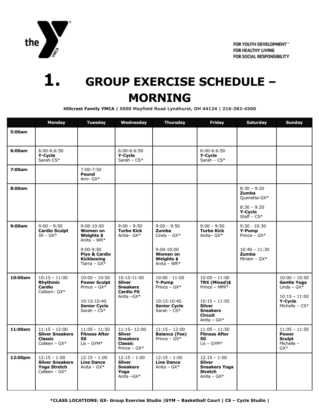 Group Exercise Schedule Morning