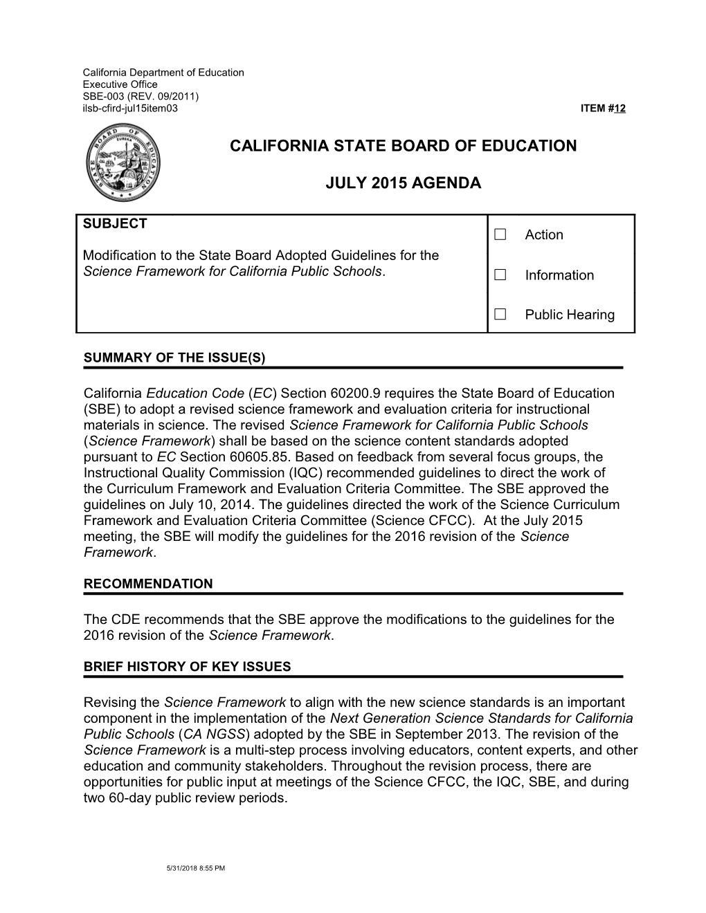 July 2015 Agenda Item 12 - Meeting Agendas (CA State Board of Education)