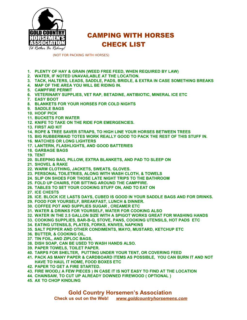 Camping with Horses Check List