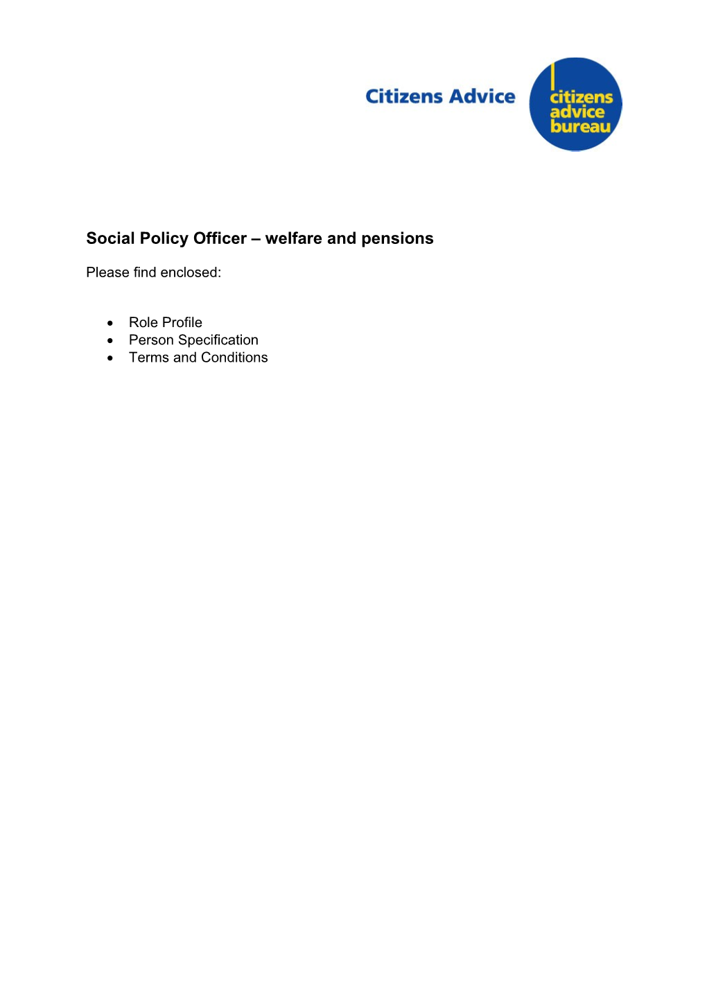 Social Policy Officer Welfare and Pensions