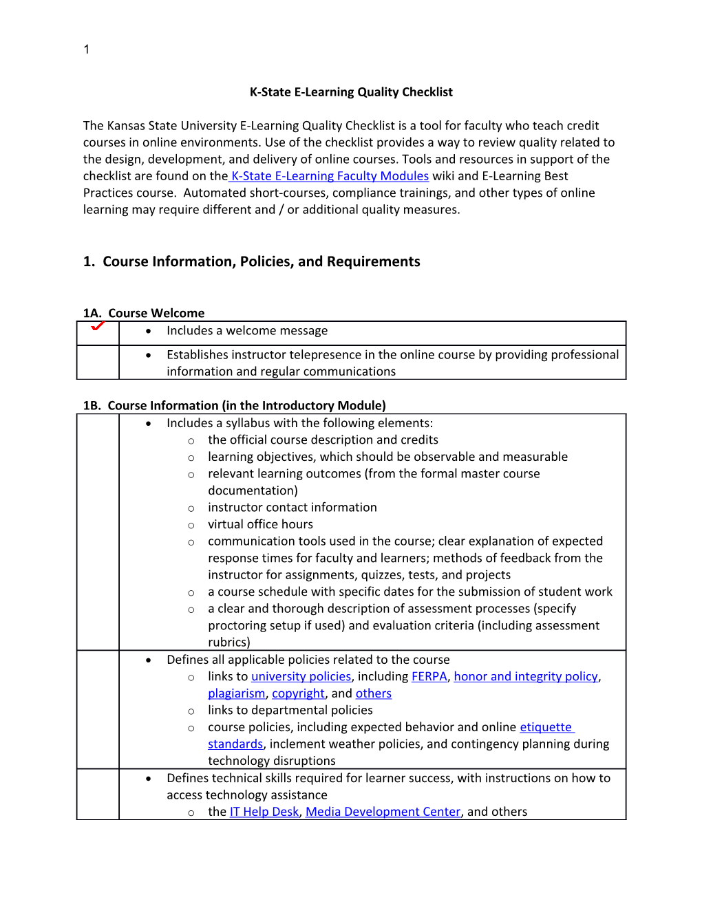 K-State Quality E-Learning Checklist Google Doc