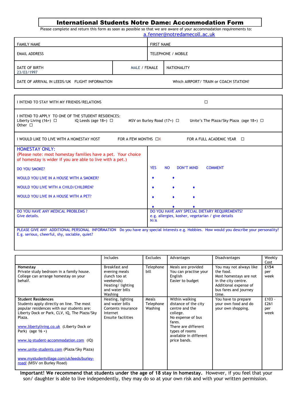 International Students Notre Dame: Accommodation Declaration