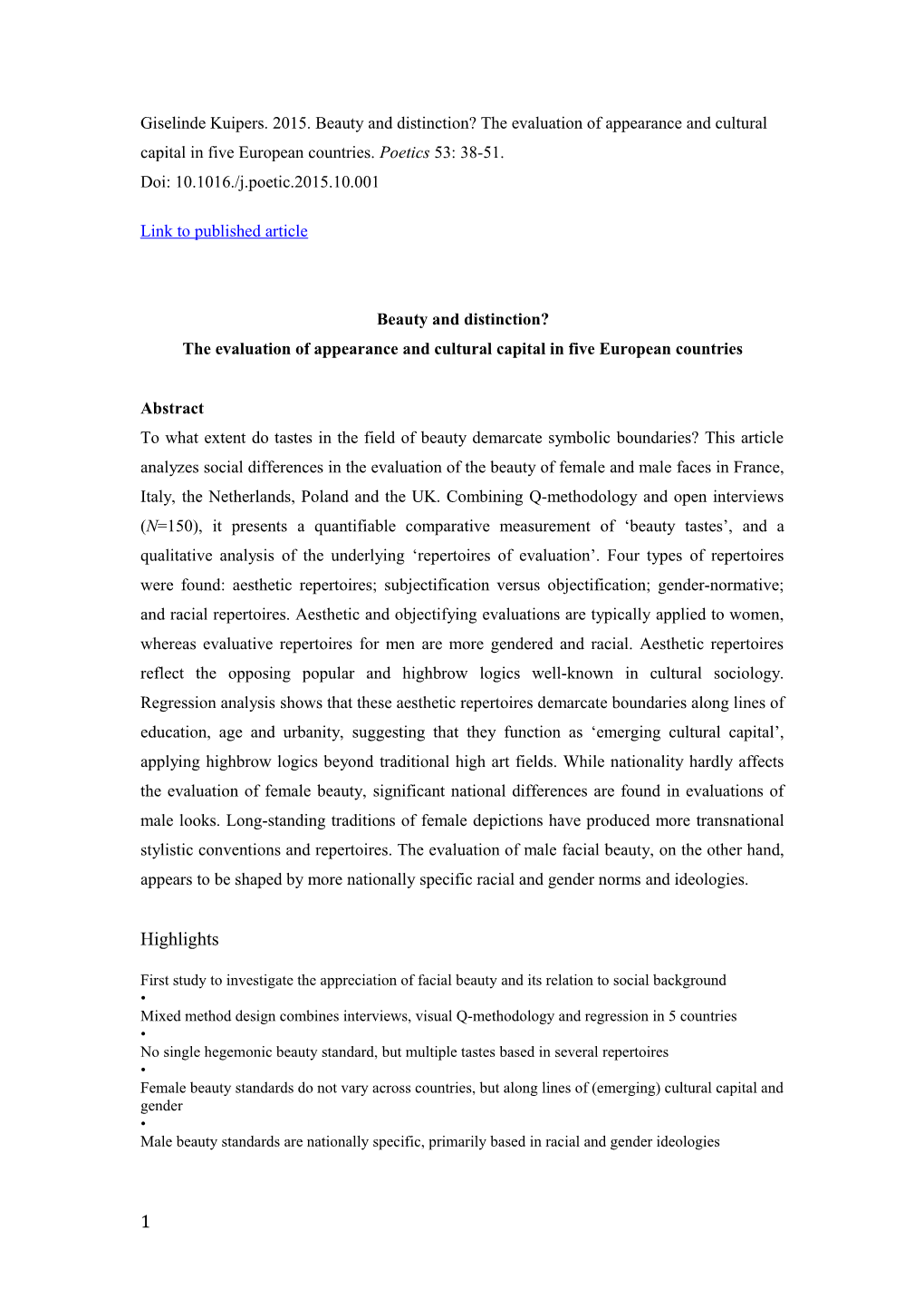 The Evaluation of Appearance and Cultural Capital in Five European Countries