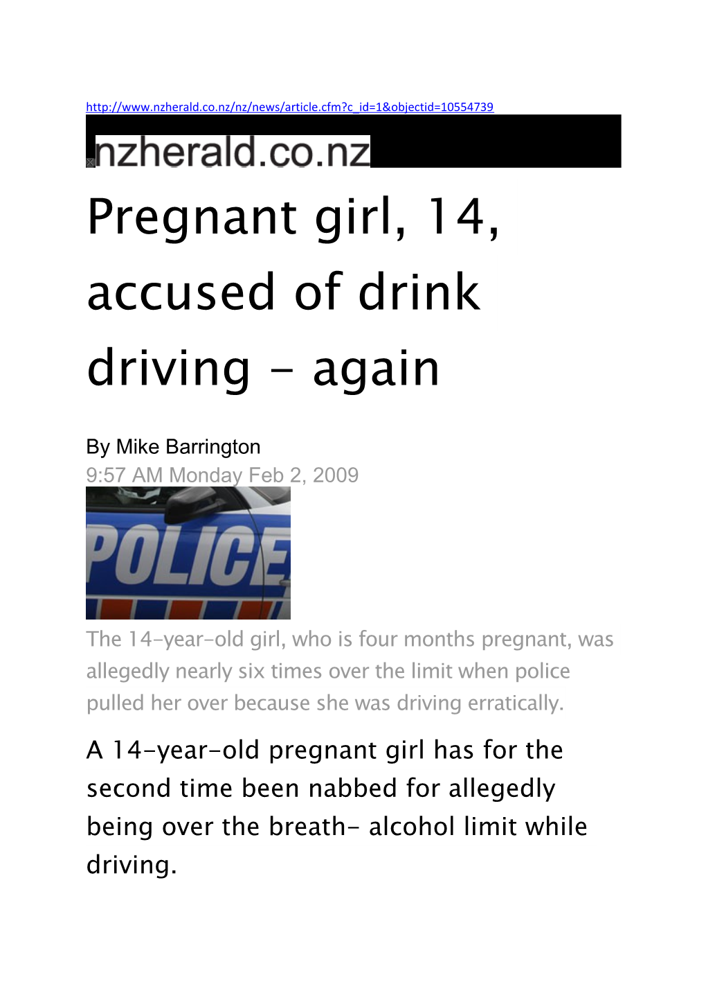 Pregnant Girl, 14, Accused of Drink Driving - Again