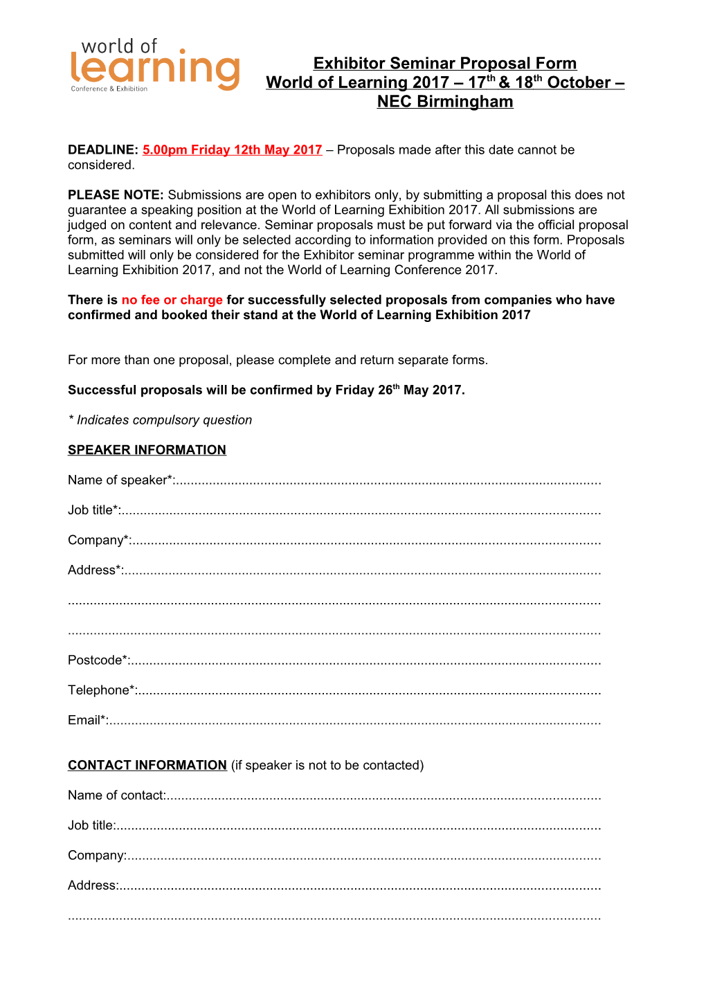 Seminar Proposal Form for the World of Learning 2007