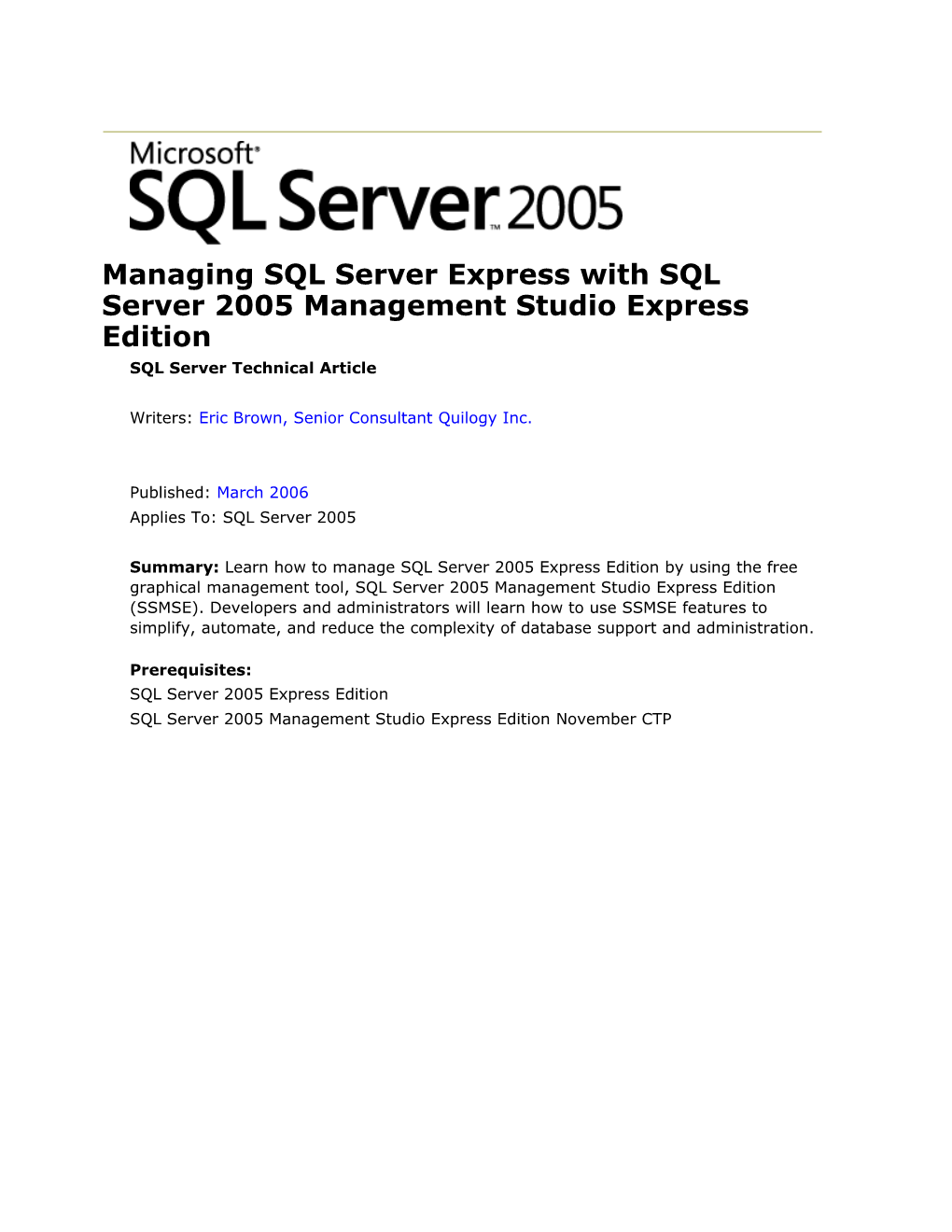 Managing SQL Server Express with SQL Server 2005 Management Studio Express Edition