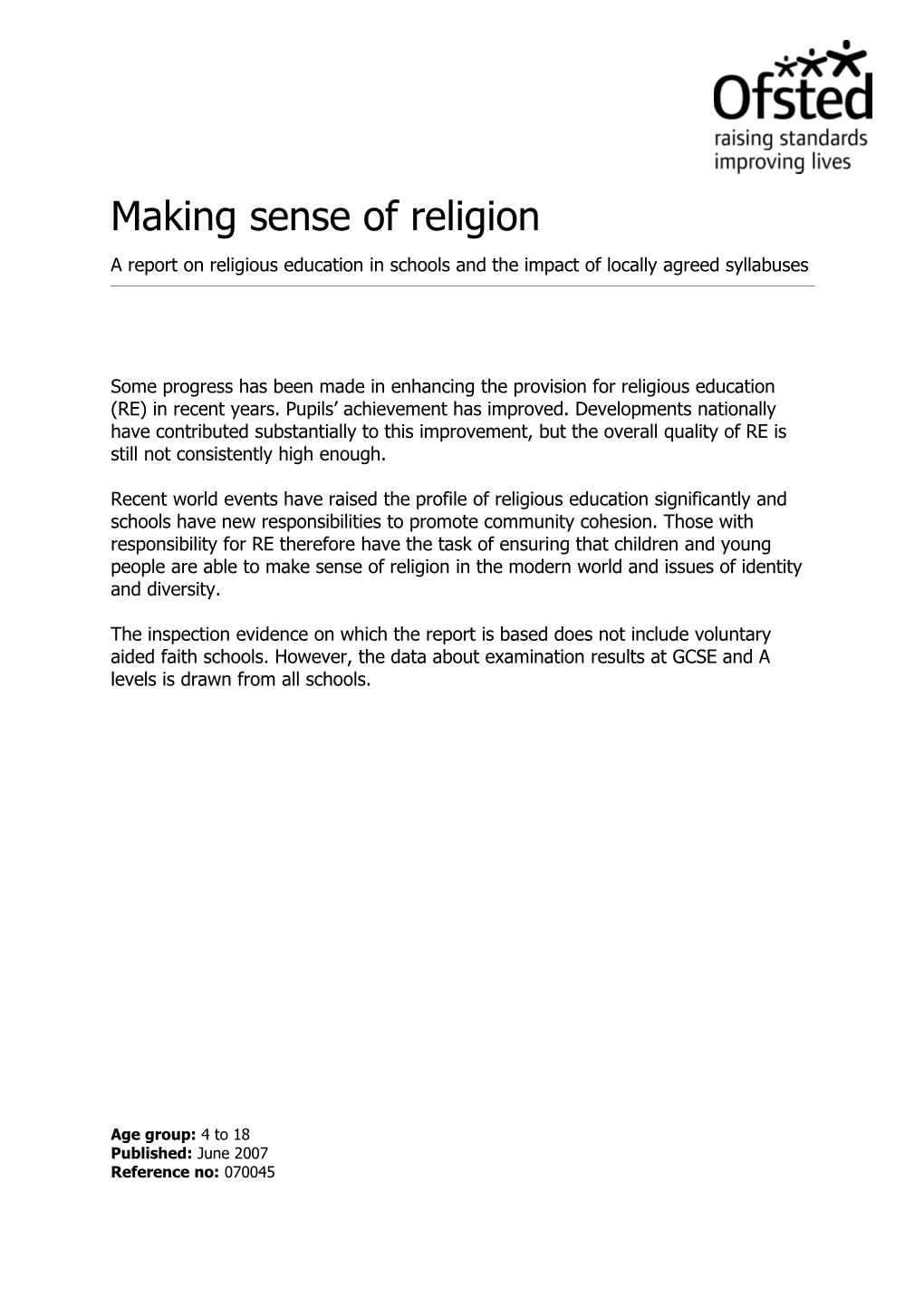 A Report on Religious Education in Schools and the Impact of Locally Agreed Syllabuses