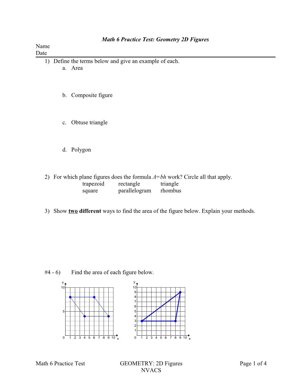 Math 6 Practice Test: Geometry 2D Figures