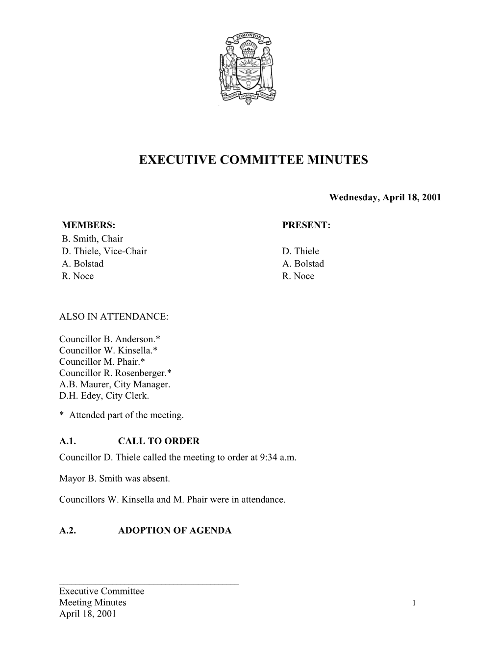 Minutes for Executive Committee April 18, 2001 Meeting