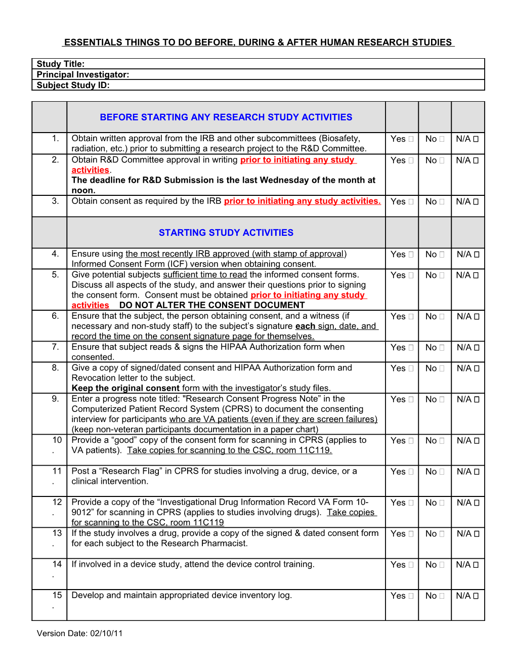 Research Study Activities Checklist