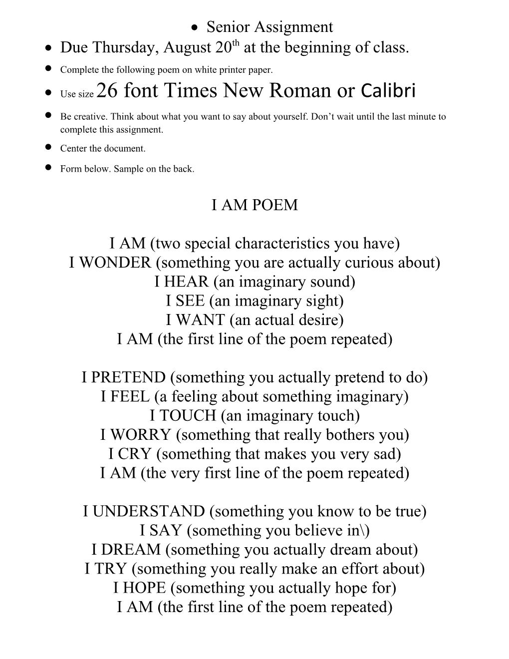 Complete the Following Poem on White Printer Paper