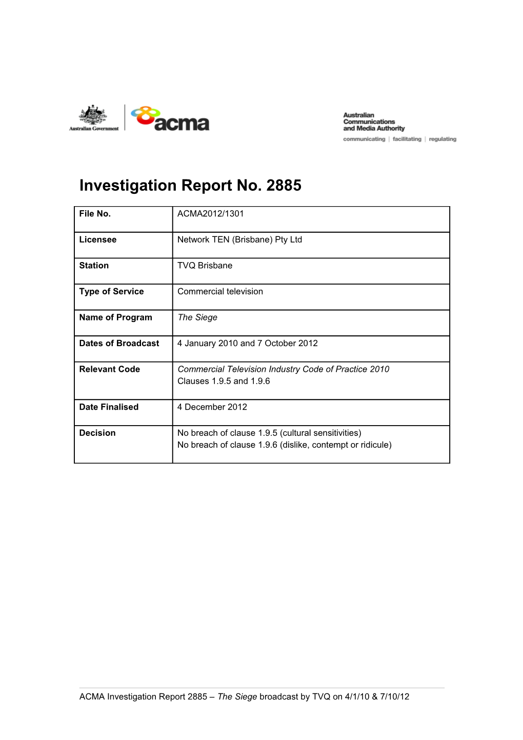TVQ Brisbane - ACMA Investigation Report 2885