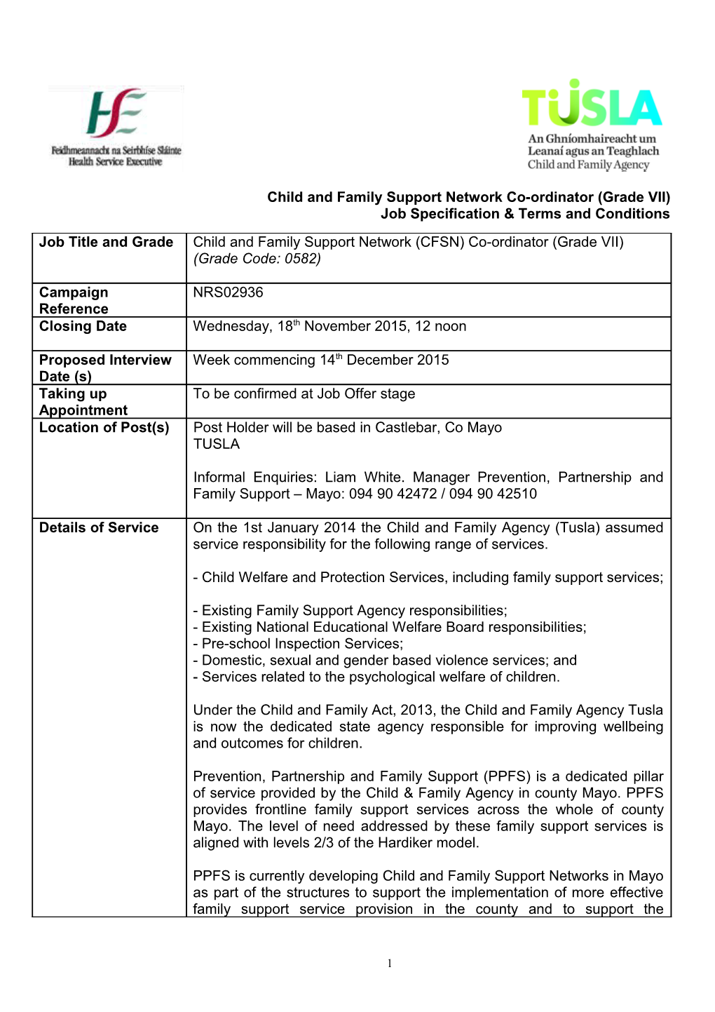 Child and Family Support Network Co-Ordinator (Grade VII)