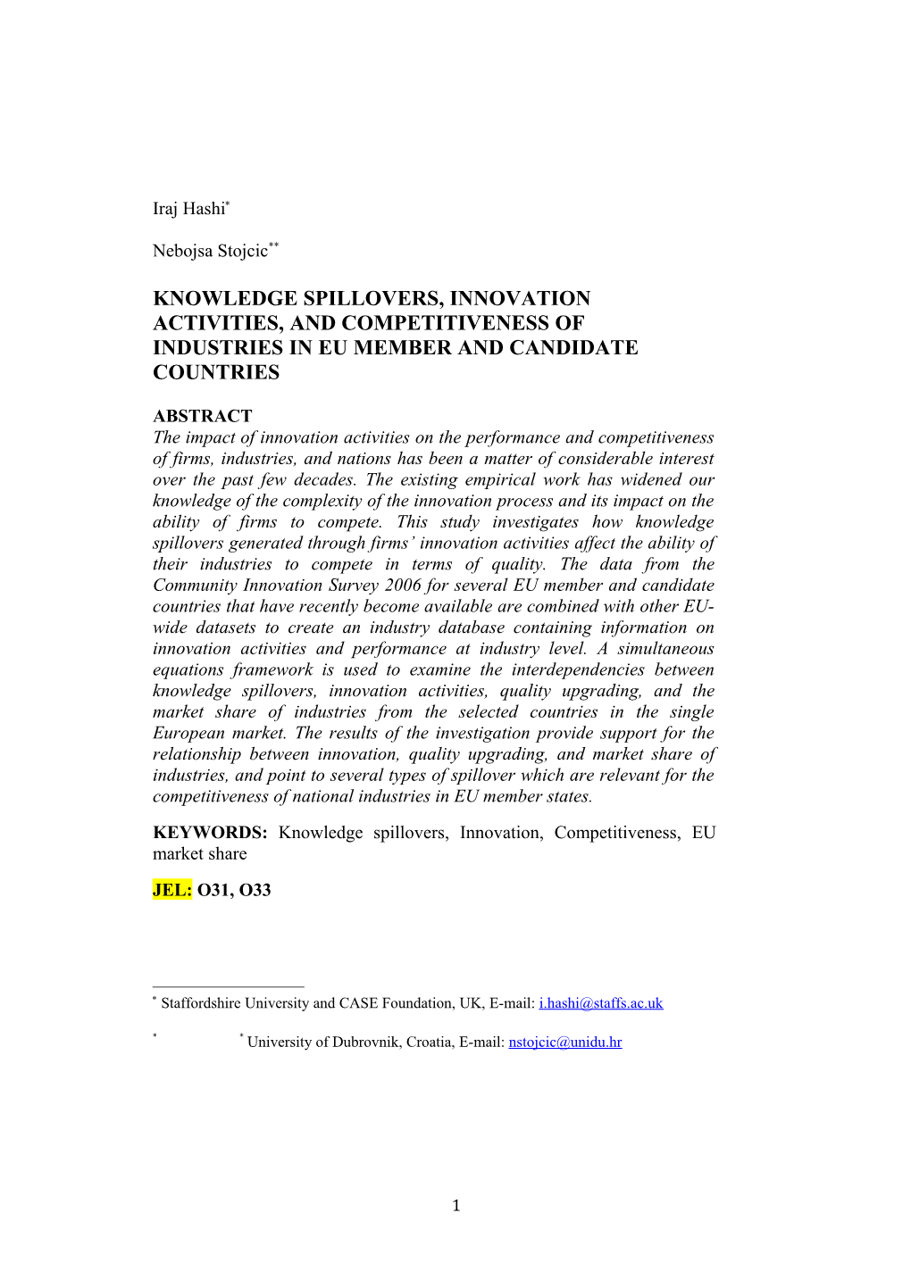 Knowledge Spillovers, Innovation Activities, and Competitiveness of Industries in Eu Member