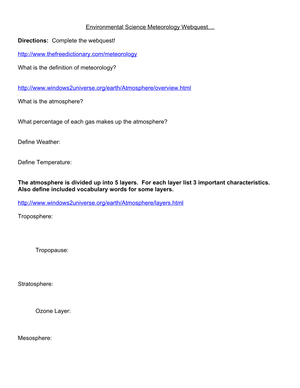 Environmental Science Meteorology Webquest