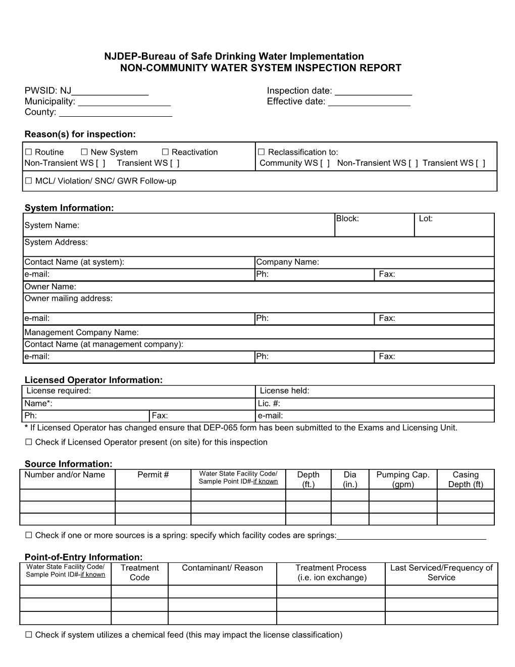 Non-Community Water System Inspection Report