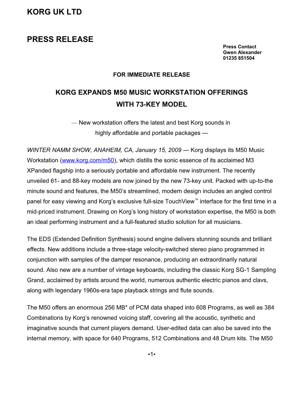 Korg Expands M50 Music Workstation Offerings