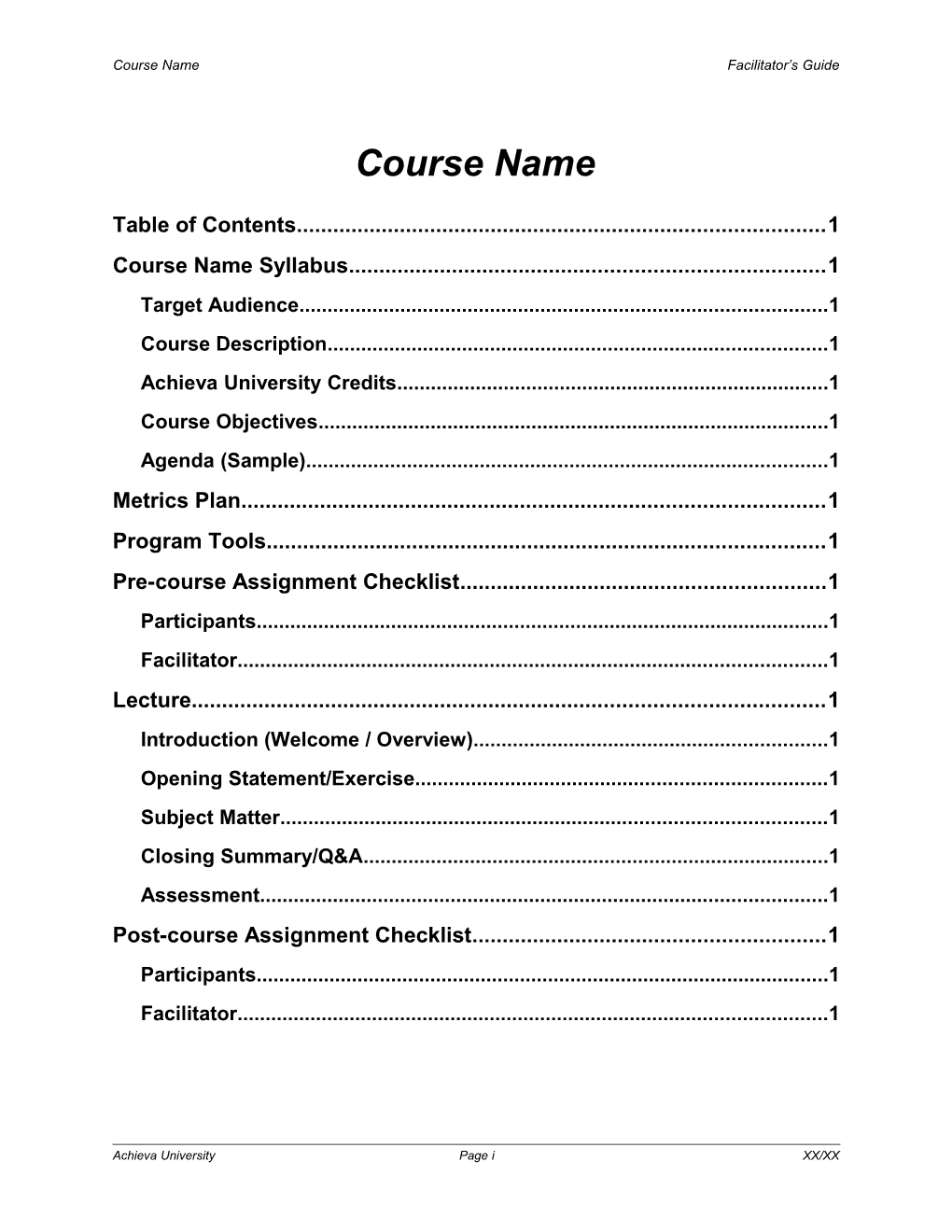 Workbook Table of Contents