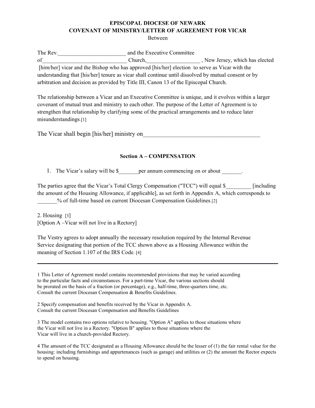 Covenant of Ministry/Letter of Agreement for Vicar