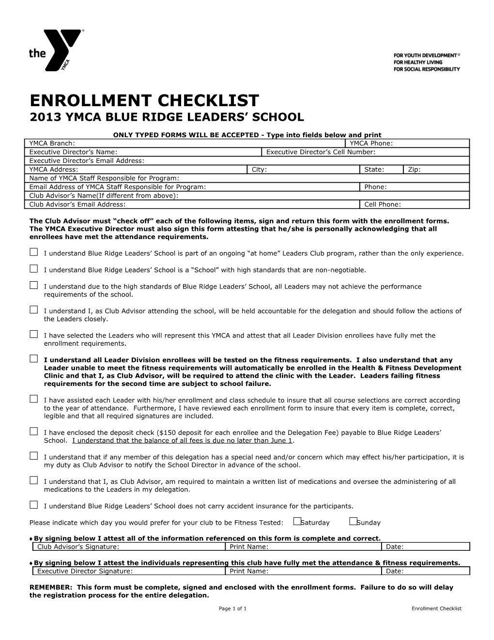 YMCA Blue Ridge Leaders School 1999 Enrollment Checklist