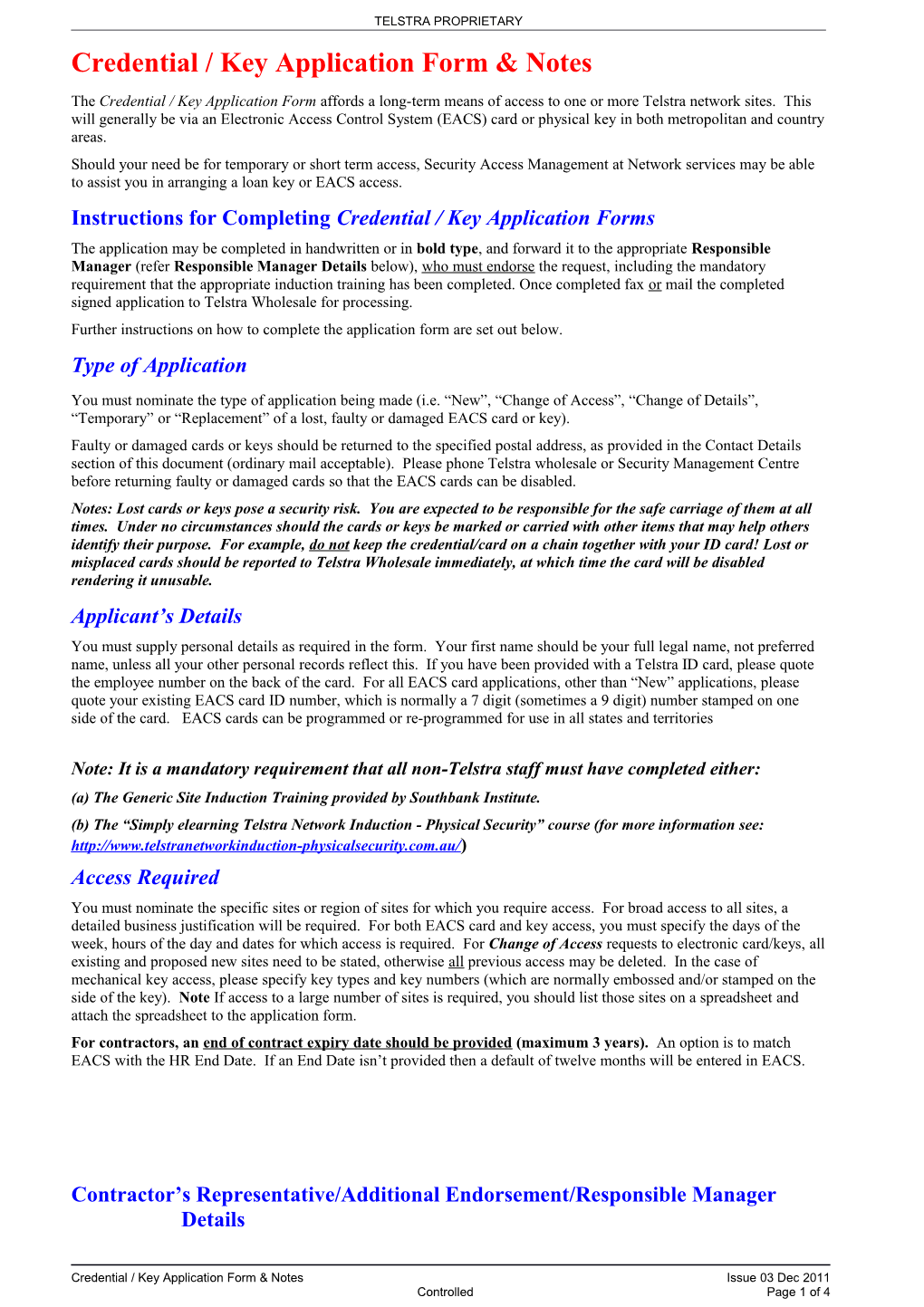 Credential / Key Application Form & Notes