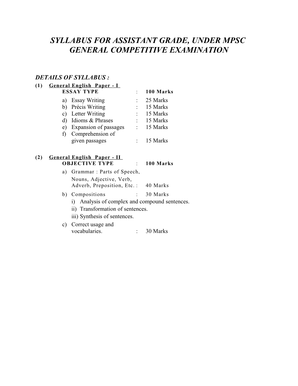 Syllabus for Assistant Grade, Under Mpsc