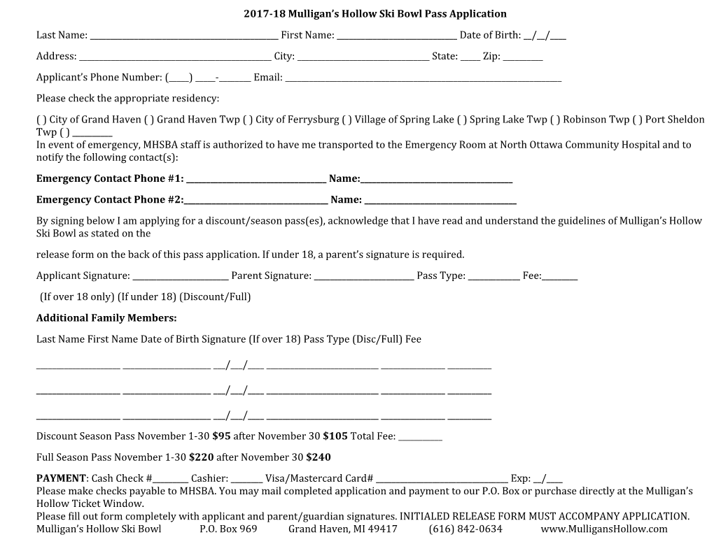 2014-15 Mulligan S Hollow Ski Bowl Pass Application