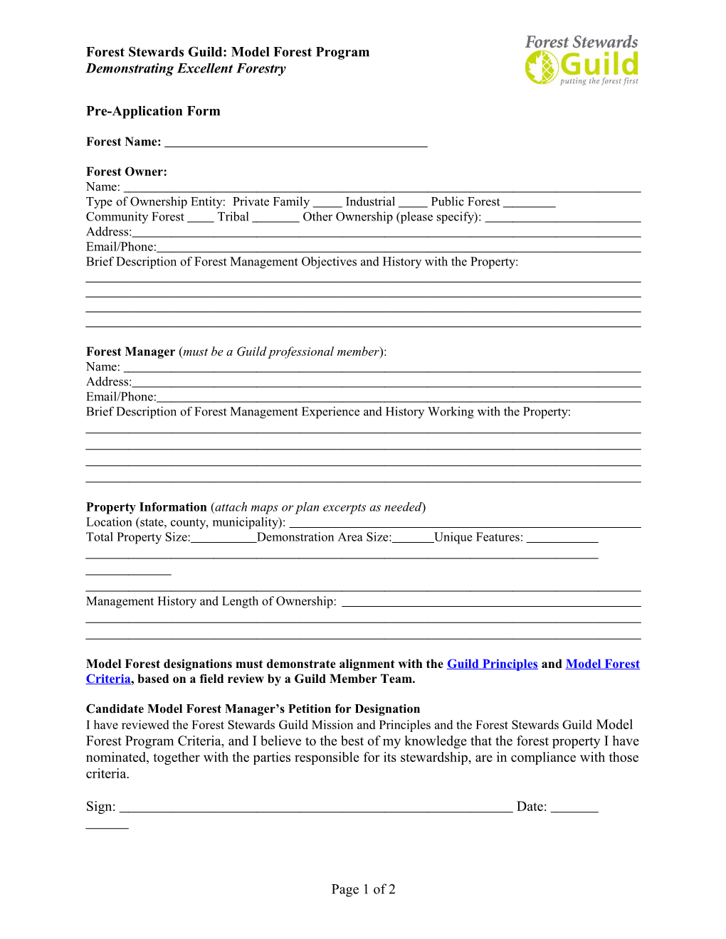 Candidate Model Forest Pre Application Form