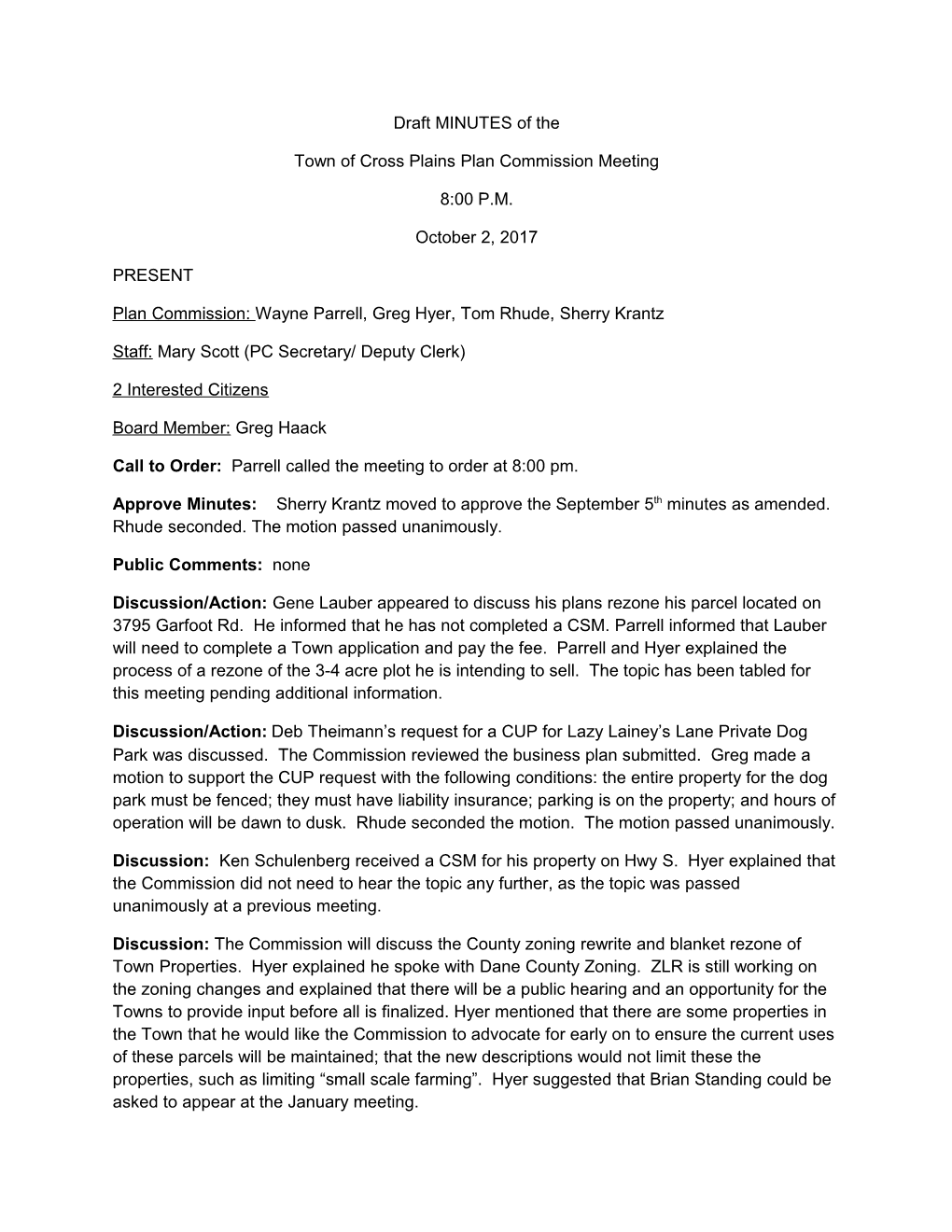 Town of Cross Plains Plan Commission Meeting