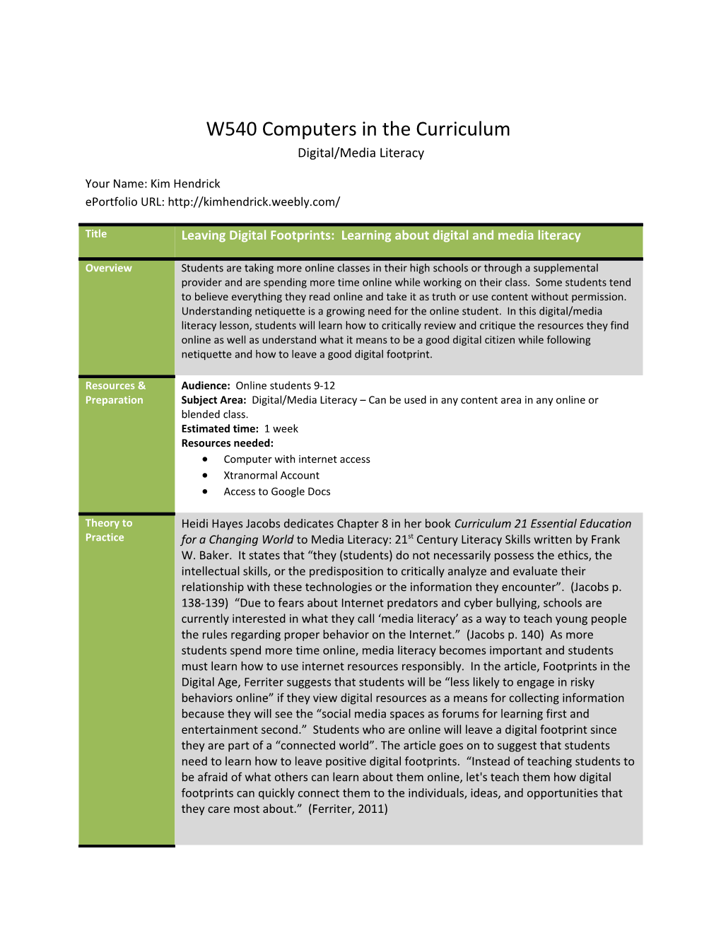 W540 Computers in the Curriculum Digital/Media Literacy